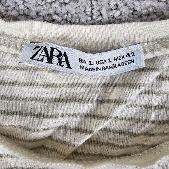 Zara Shirt Womens Large Off White Short Sleeve Basic Crew Neck Striped Ladies - Picture 3 of 8